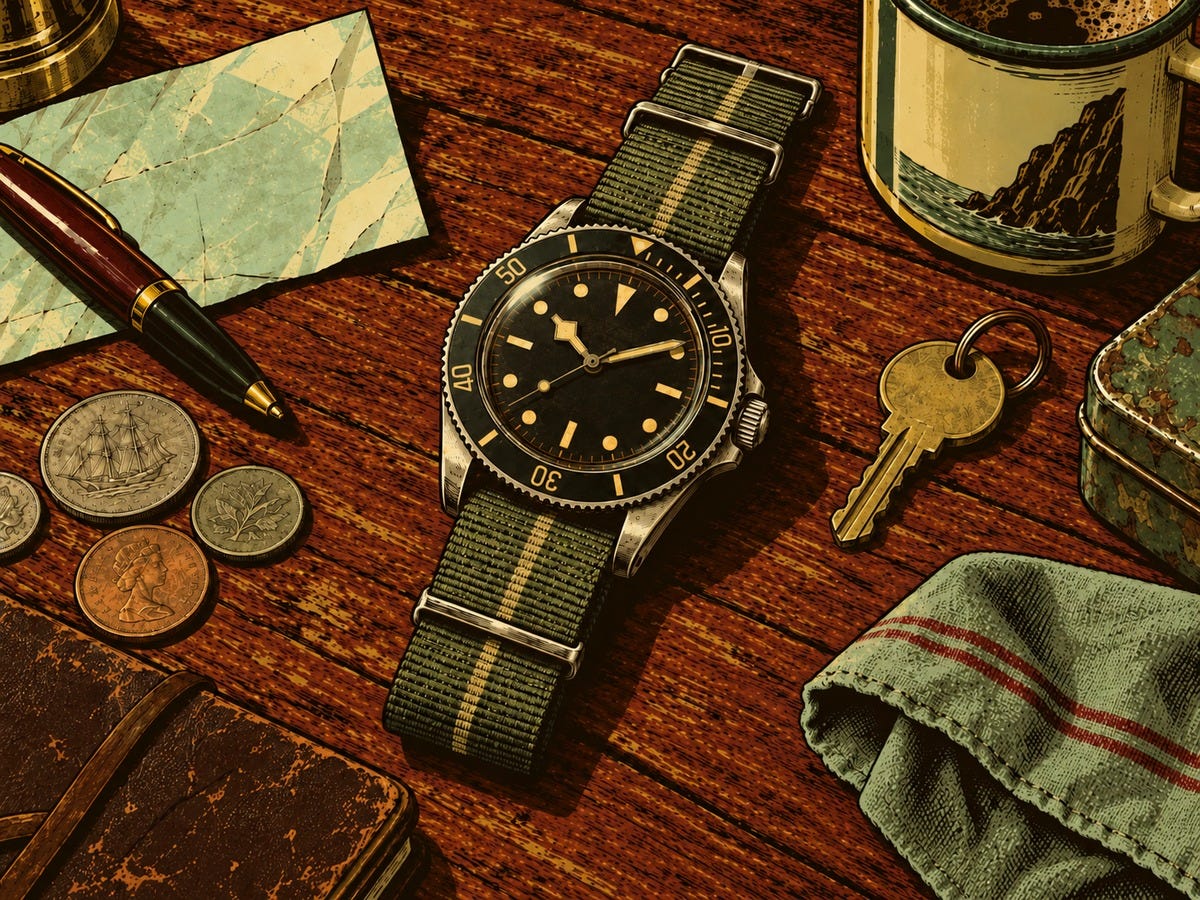 A graphic-novel-style illustration of a vintage dive watch resting on a worn wooden table, surrounded by scattered coins, a pen, key, folded paper, coffee mug, cloth, and leather notebook. The watch is the central focal point, with a dark dial, aged cream markers, and an olive fabric strap, rendered in warm greens, mustard yellow, deep burgundy, and brown. A graphic-novel-style illustration of a vintage dive watch resting on a worn wooden table, surrounded by scattered coins, a pen, key, folded paper, coffee mug, cloth, and leather notebook. The watch is the central focal point, with a dark dial, aged cream markers, and an olive fabric strap, rendered in warm greens, mustard yellow, deep burgundy, and brown.
