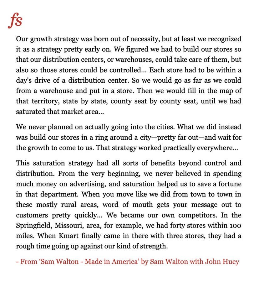 Quote from 'Sam Walton - Made in America' about Walmart's expansion strategy.