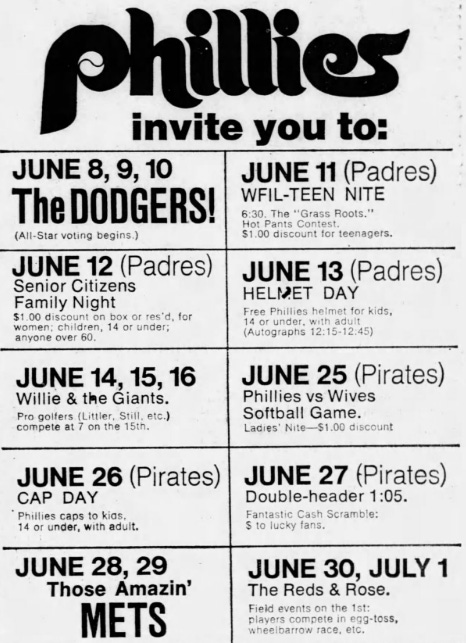 Phillies promotional calendar for June 1971.