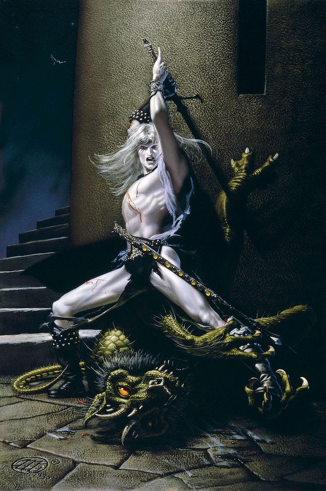 At the base of a spiral staircase, Elric stands over a green scaled demon. He draws back the long blade of Stormbringer in a two-handed grip. A black trail of motion can be seen at the end of the blade as it begins to sweep overhead and down for a killing blow. His clothes are torn to shreds and blood trails down the pure white skin of his chest and thigh. The demon bears its fans and it’s fore claws grip Elric’s leg.