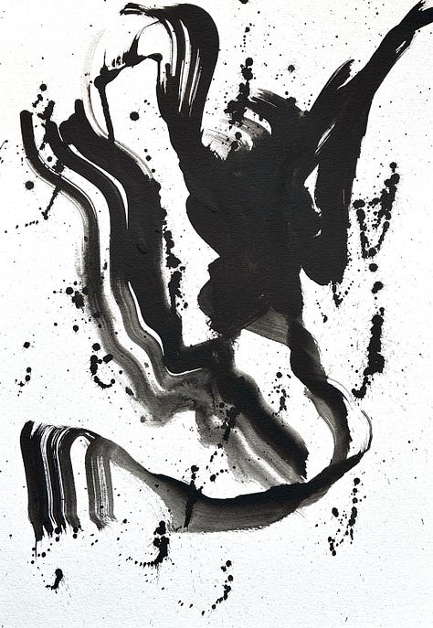 Three abstract pictures in black ink on white paper. Aiming towards the minimal