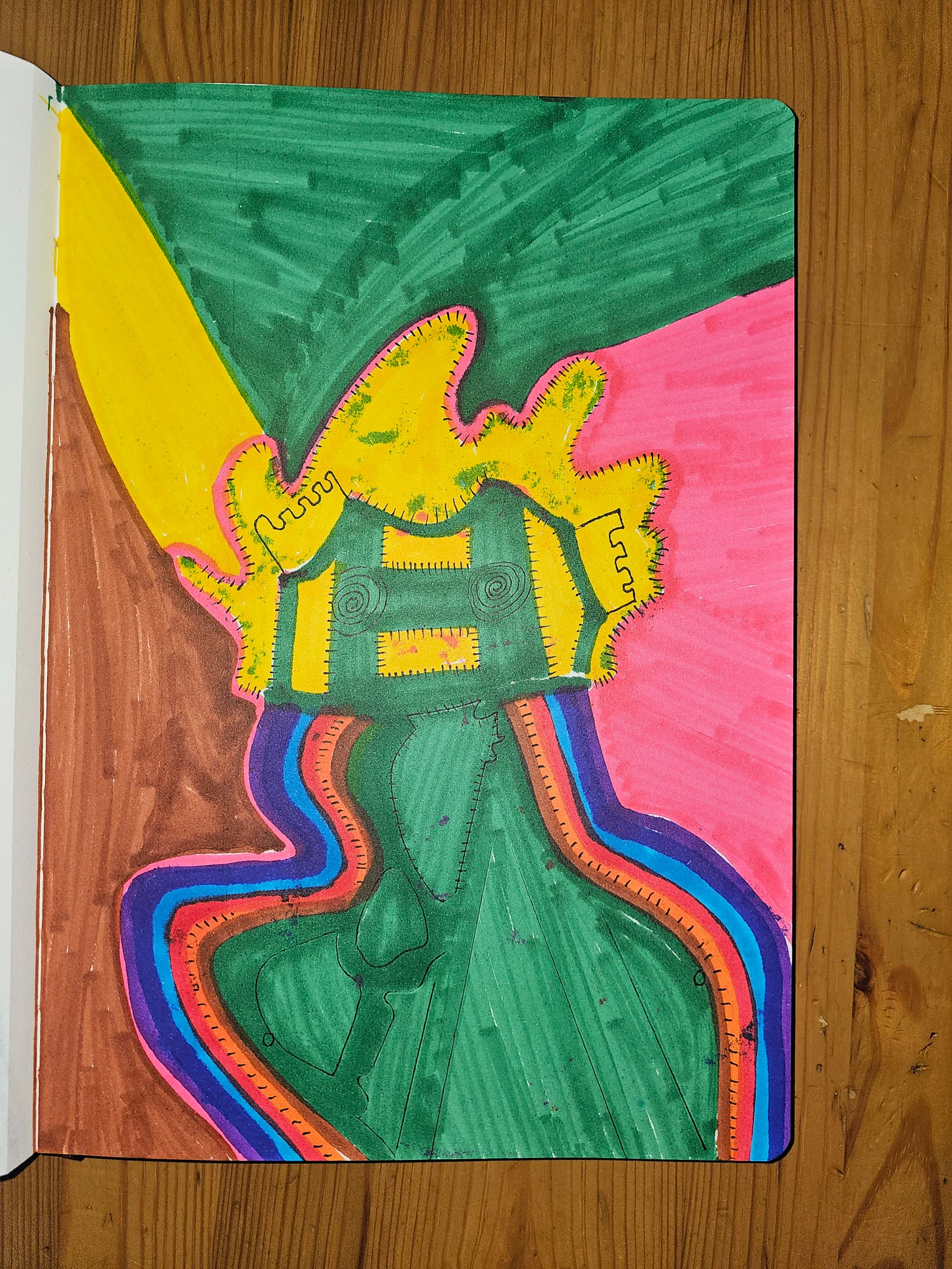**Alt Text (Recto)**  Hand-drawn mixed-media sketchbook figure by FatbikeHero titled *Post Singularity Owl*, with green body, yellow owl-like crown, spiral eyes, and rainbow-striped limbs.