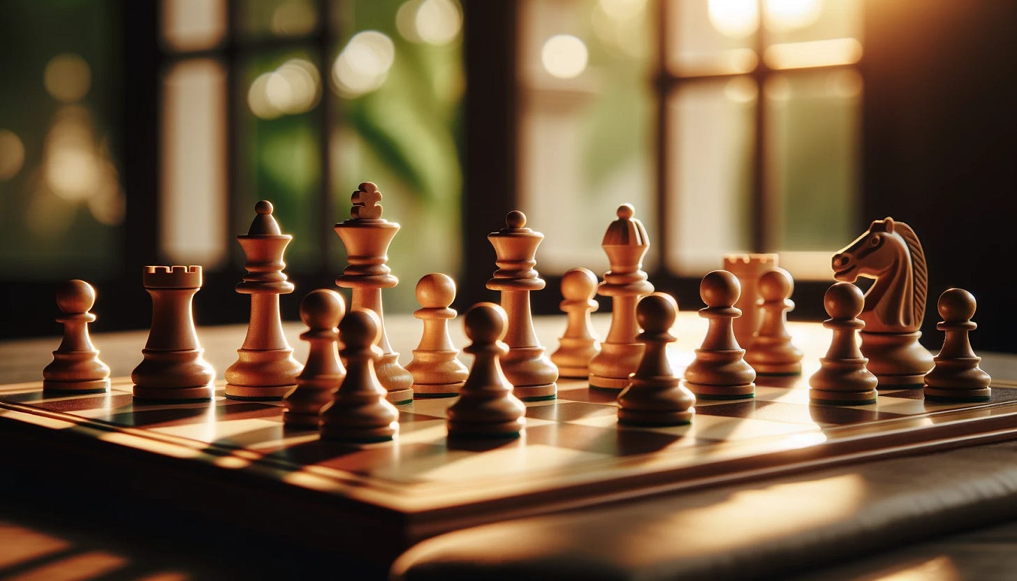 A close-up of a chessboard with elegant wooden chess pieces in a sunlit room, highlighting the details and shadows on the pieces. The lighting is natural, casting soft shadows and creating a warm, inviting atmosphere. The chessboard is set on a polished wooden table, with blurred background showing greenery through a window.