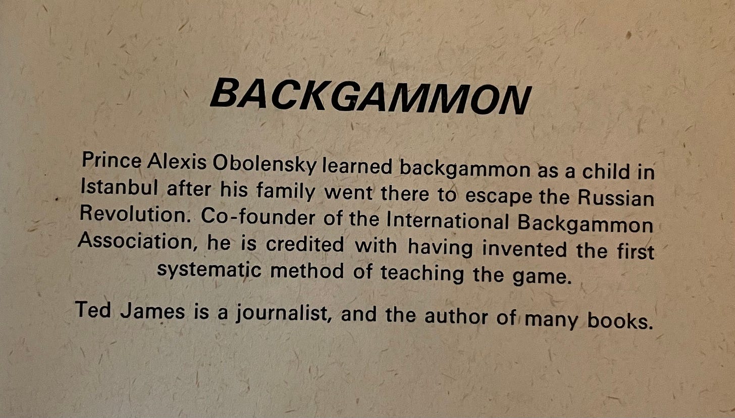 BACKGAMMON Prince Alexis Obolensky learned backgammon as a child in Istanbul after his family went there to escape the Russian Revolution. Co-founder of the International Backgammon Association, he is credited with having invented the first systematic method of teaching the game. Ted James is a journalist, and the author of many books.