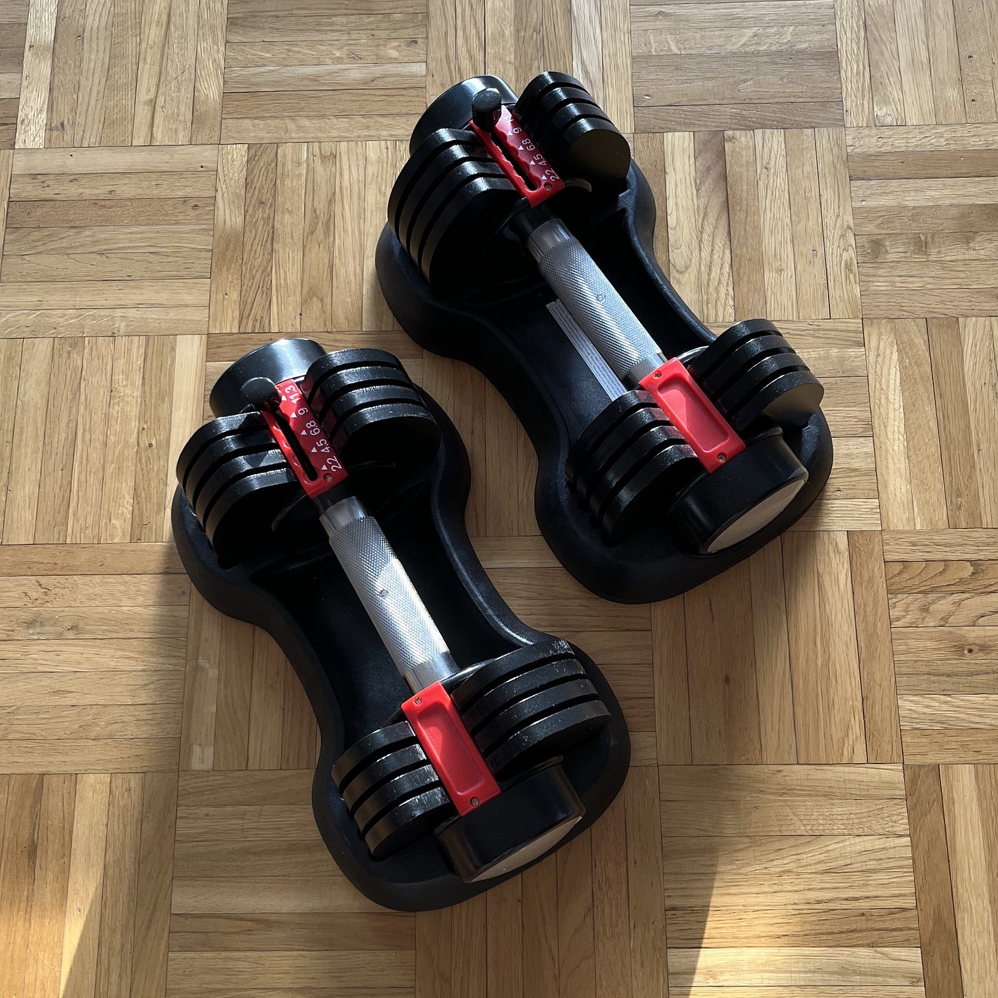 Heavier adjustable dumbbells up to 11.3kg for compound lifts in home gym setup