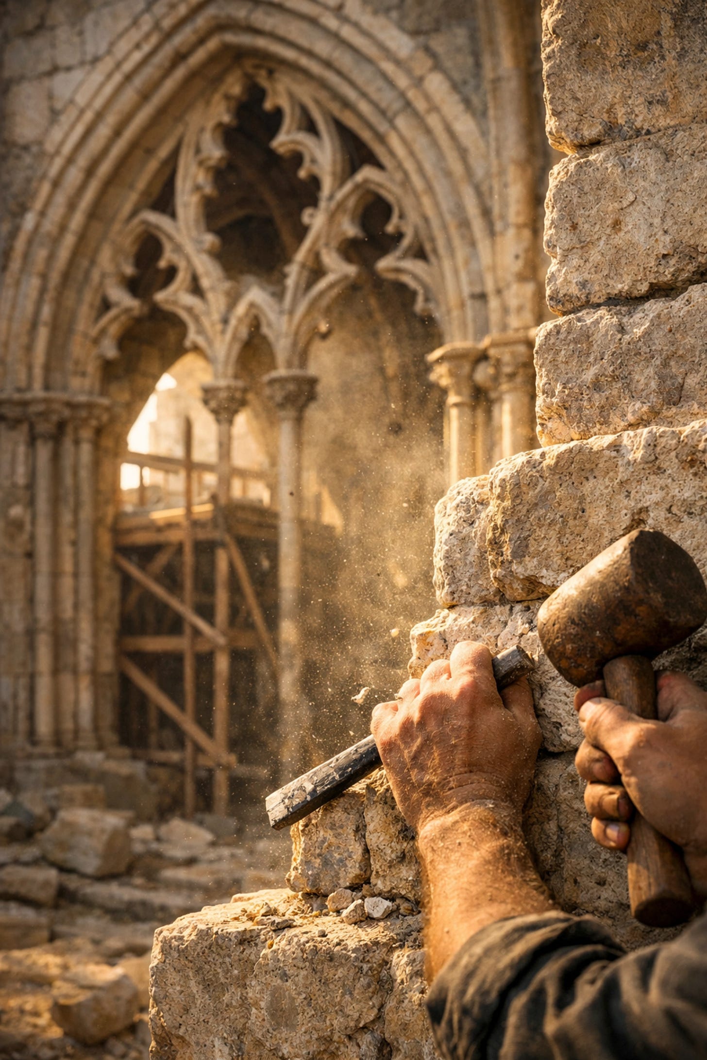 Craftsman restoring a medieval stone archway, representing the labor of Catholic education and character formation | Dr. Marcus Peter