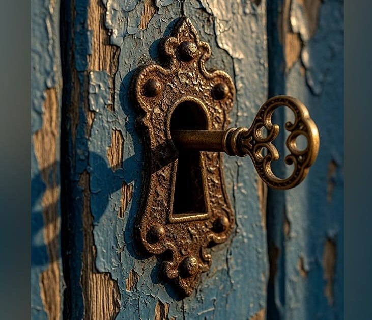 This may contain: an old keyhole on the side of a blue painted wooden door with peeling paint
