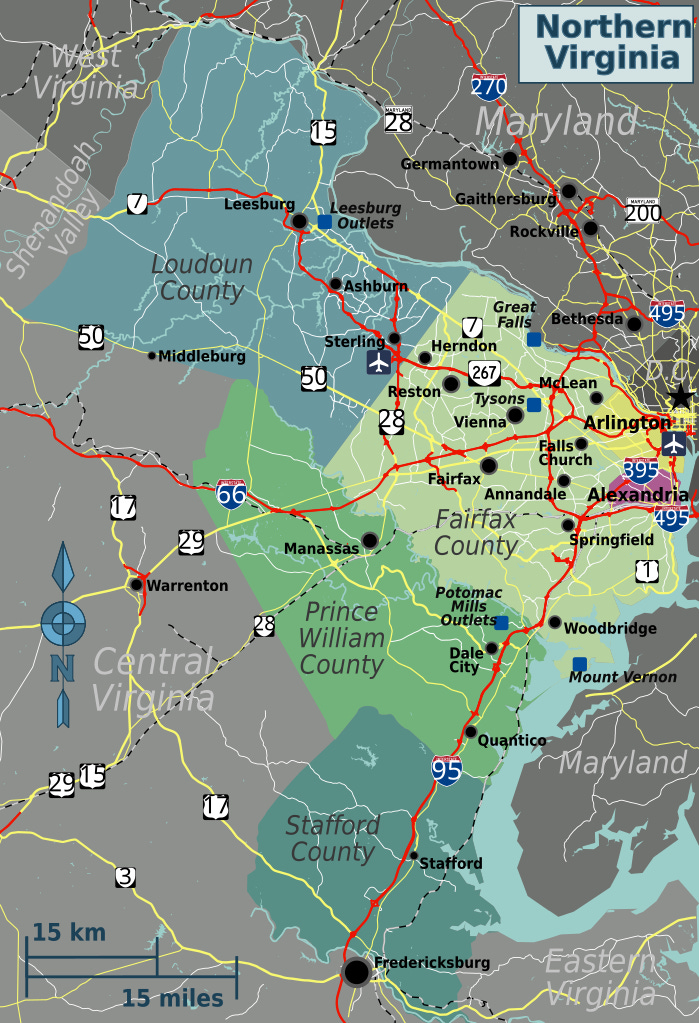 A map of Northern Virginia. Northern Virginia is typically interpreted to mean the suburbs west of Washington, DC, across the Potomac River. A map of Northern Virginia. Northern Virginia is typically interpreted to mean the suburbs west of Washington, DC, across the Potomac River.