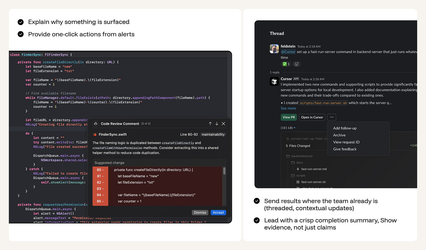 AI code review comments and contextual updates shown directly in developer tools and chat threads.