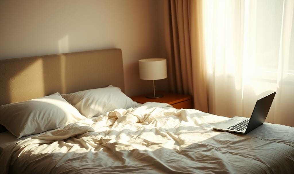 Unmade bed with a laptop resting on rumpled sheets in soft morning light.