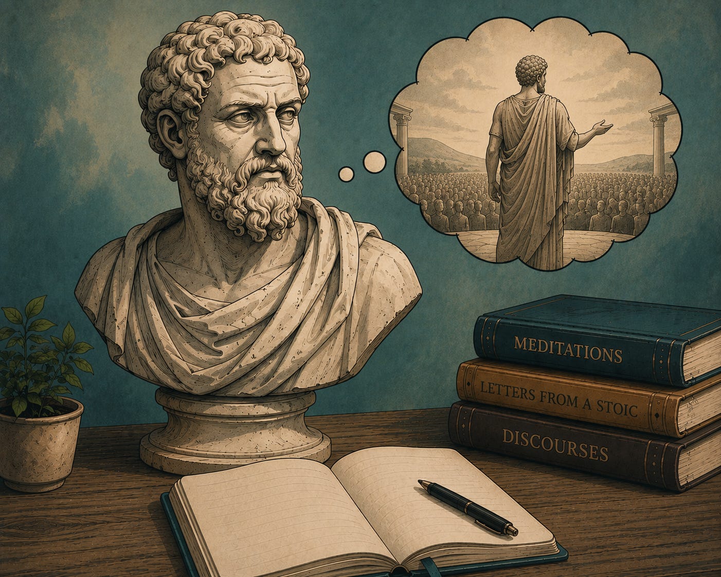 A classical marble bust sits on a wooden desk beside an open journal and three philosophy books. A thought bubble shows the statue imagining himself giving a presentation to an audience.