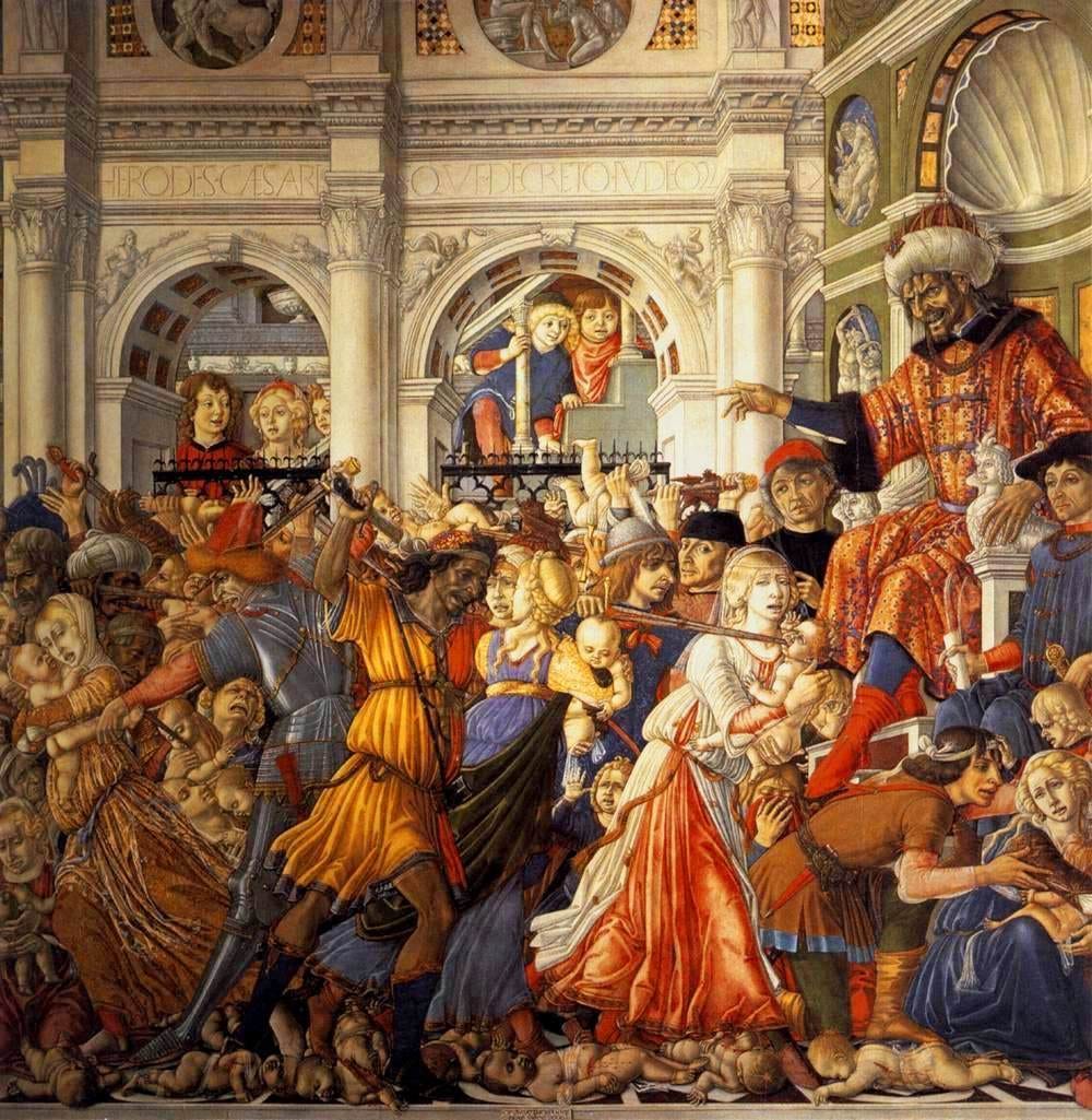 A crowded gold-toned panel in which a king in a turban sits on a throne under a classical loggia while soldiers and mothers fill the courtyard below, with onlookers leaning from the balconies above. A crowded gold-toned panel in which a king in a turban sits on a throne under a classical loggia while soldiers and mothers fill the courtyard below, with onlookers leaning from the balconies above.