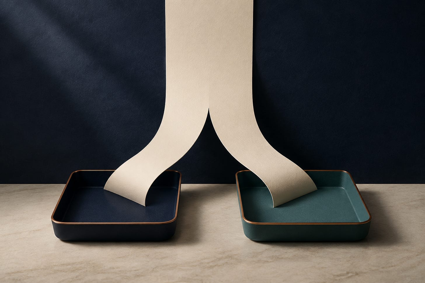 A blank paper strip divides into separate folds leading toward navy and teal trays. A blank paper strip divides into separate folds leading toward navy and teal trays.