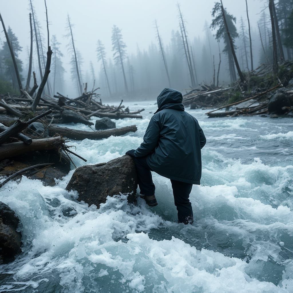 photorealistic, raging flood, person standing in the middle of raging river,