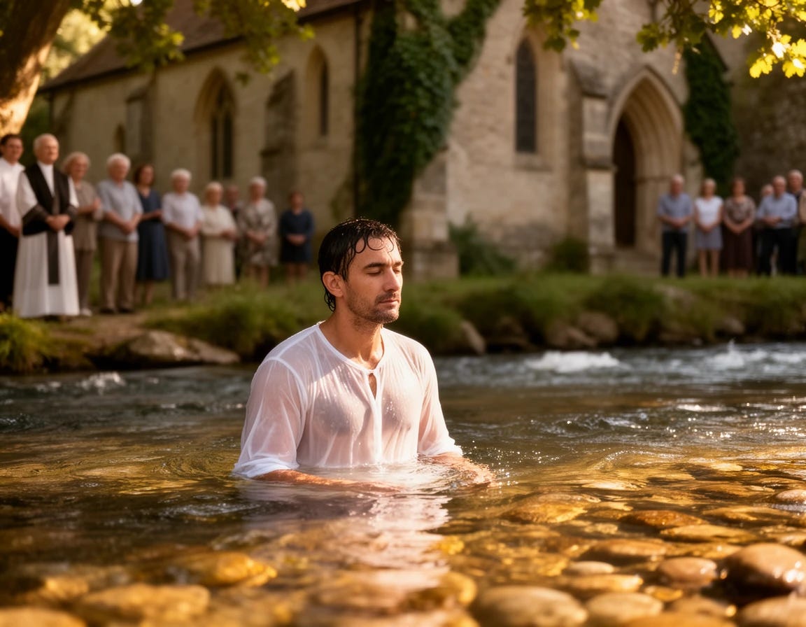 adult man getting baptized in river behind a church with parishioners witnessing the ceremony adult man getting baptized in river behind a church with parishioners witnessing the ceremony