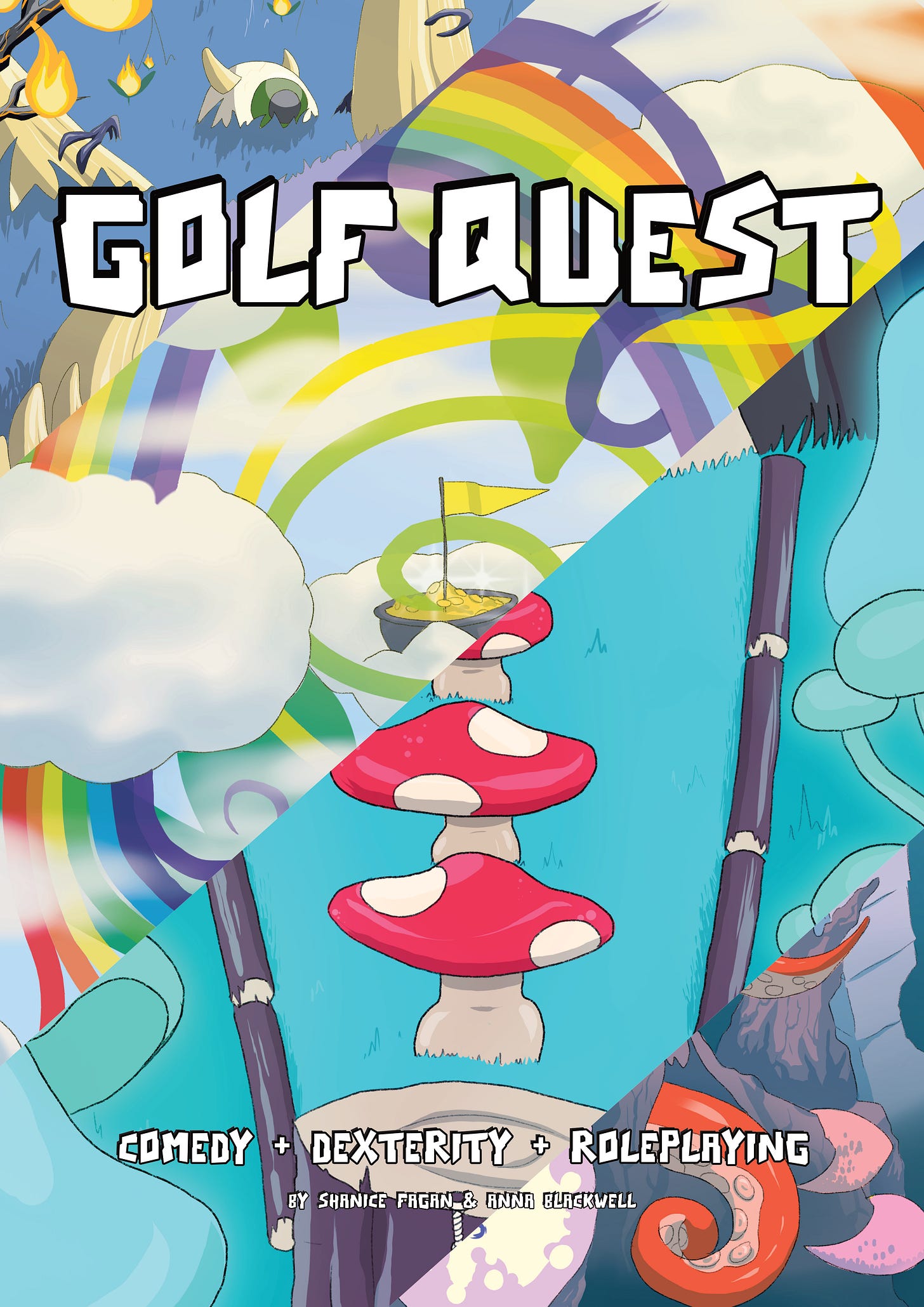 A picture of the cover of Golf Quest. It shows 4 of the very colourful courses. One with fire and eyeball monsters, one with a rainbow, one with glowing mushrooms, and one with the tentacle of a kraken.