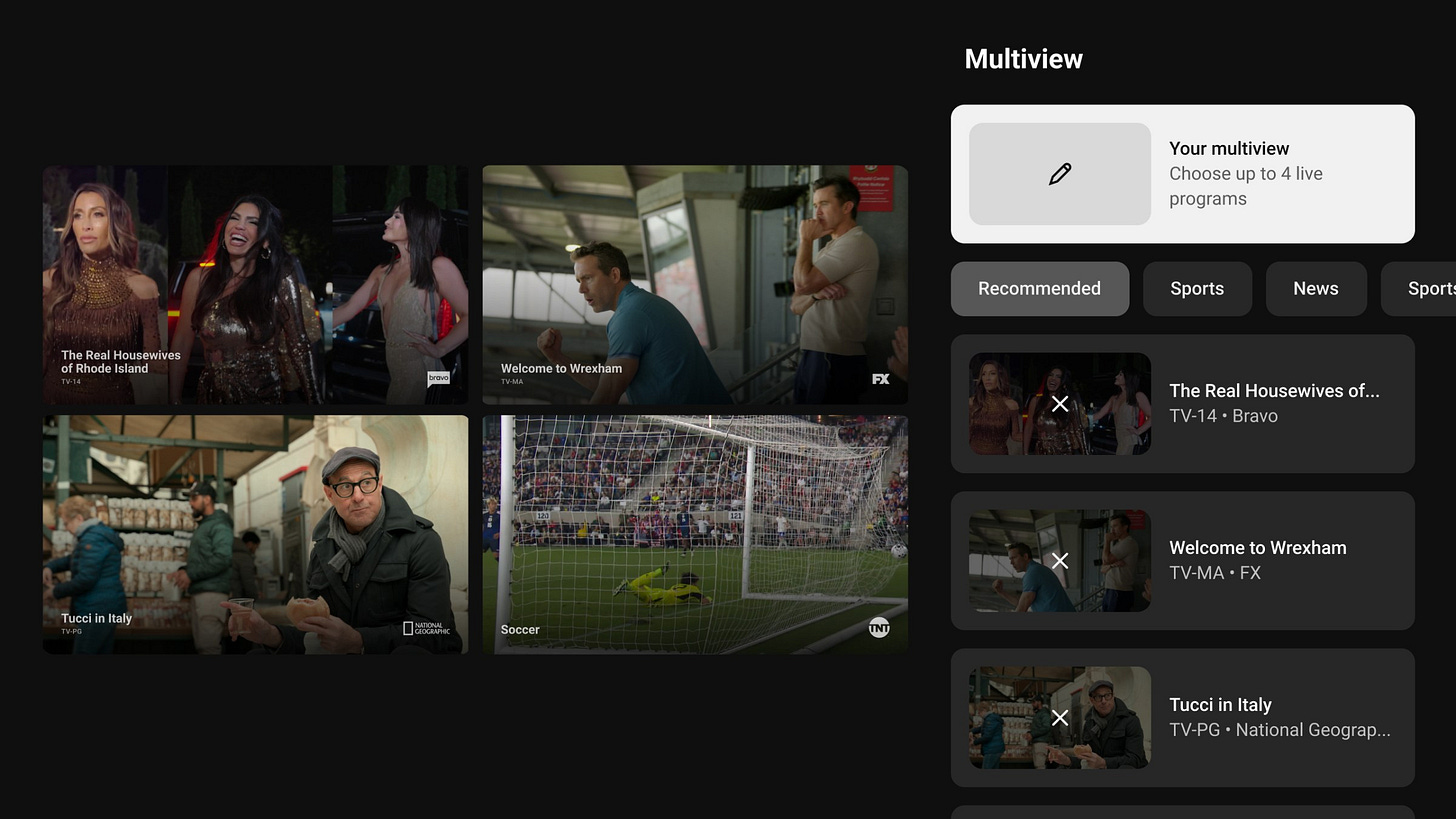 A screenshot of YouTube TV’s multiview.
