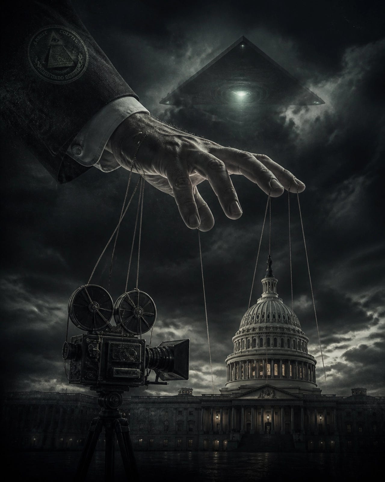 A hand in a suit jacket moving puppet strings over a movie camera and the Capitol