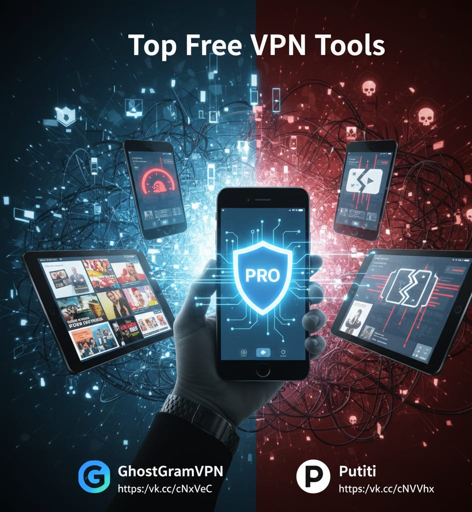 Визуализация, сравнивающая платные и бесплатные VPN. В центре — ярко освещенный современный смартфон с премиальным интерфейсом VPN (щит, 'PRO', быстрые линии данных), символизирующий безопасность и скорость. По краям, в более тусклых и тревожных тонах, изображены другие устройства, демонстрирующие недостатки бесплатных VPN: всплывающая реклама, предупреждение о низкой скорости и значок утечки данных. Фон разделен на две части: светлая, упорядоченная сеть для платных сервисов и темная, запутанная, зловещая сеть для бесплатных. Композиция подчеркивает контраст между качеством/безопасностью и рисками/ограничениями. Внизу расположены логотипы и ссылки GhostGramVPN (https://vk.cc/cNxVeC) и Putiti (https://vk.cc/cNVVhx).