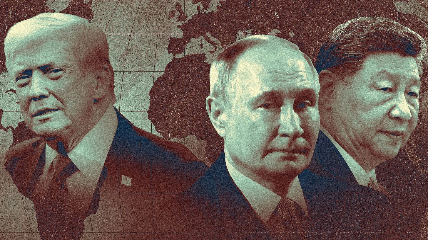 Photo illustration of a collage featuring Donald Trump looking toward Vladimir Putin and Xi Jinping, over a world map.