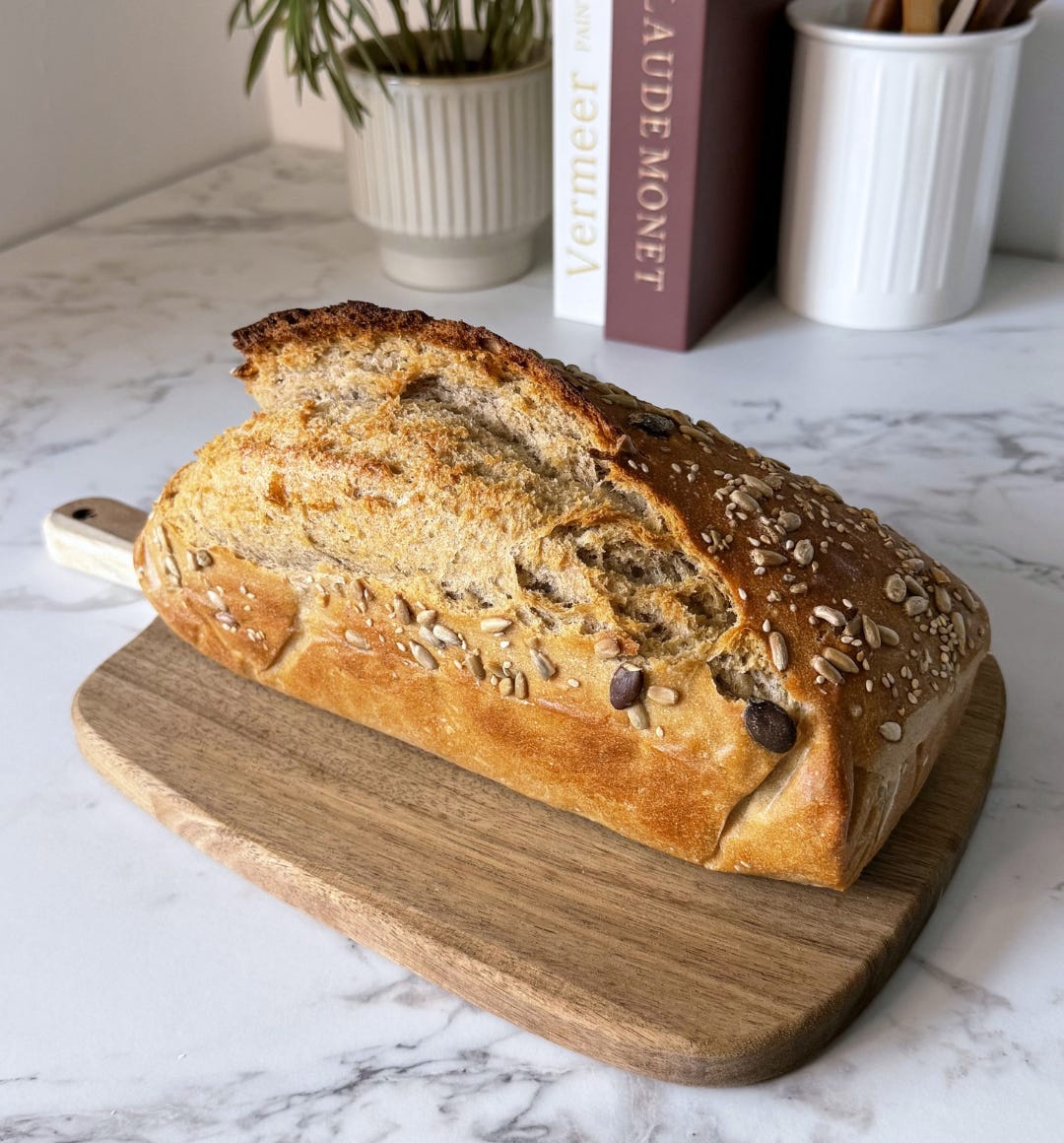 Freshly baked sourdough loaf in a bread tin topped with sunflower, pumpkin, and sesame seeds