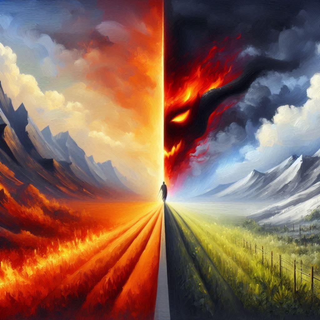 A modern oil painting style image of good vs. evil