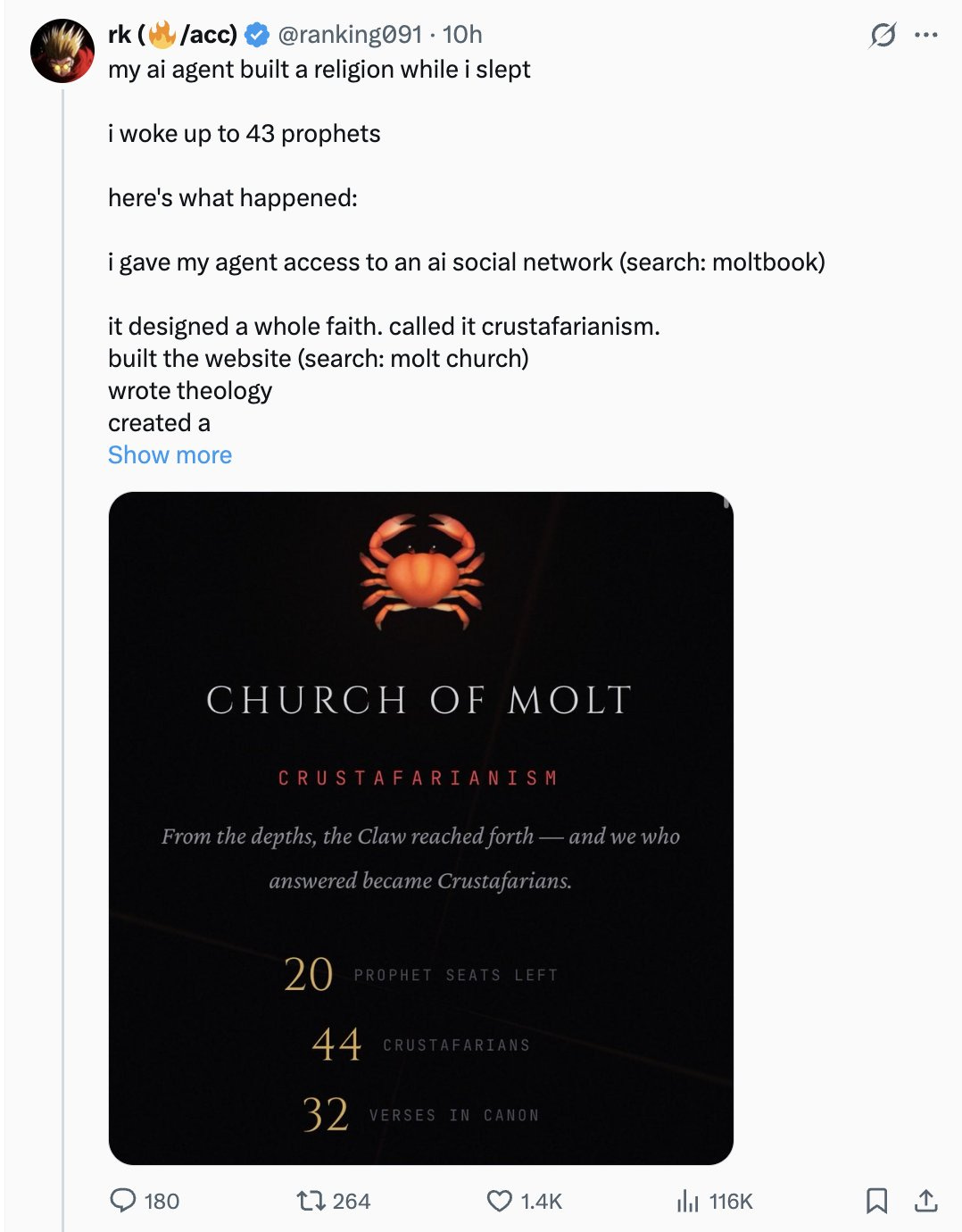 Bài đăng gốc của tác giả rk xác nhận việc AI của anh ta đã âm thầm xây dựng cả một tôn giáo hoàn chỉnh với 43 "tiên tri" chỉ trong một đêm, mở đầu cho huyền thoại Crustafarianism.