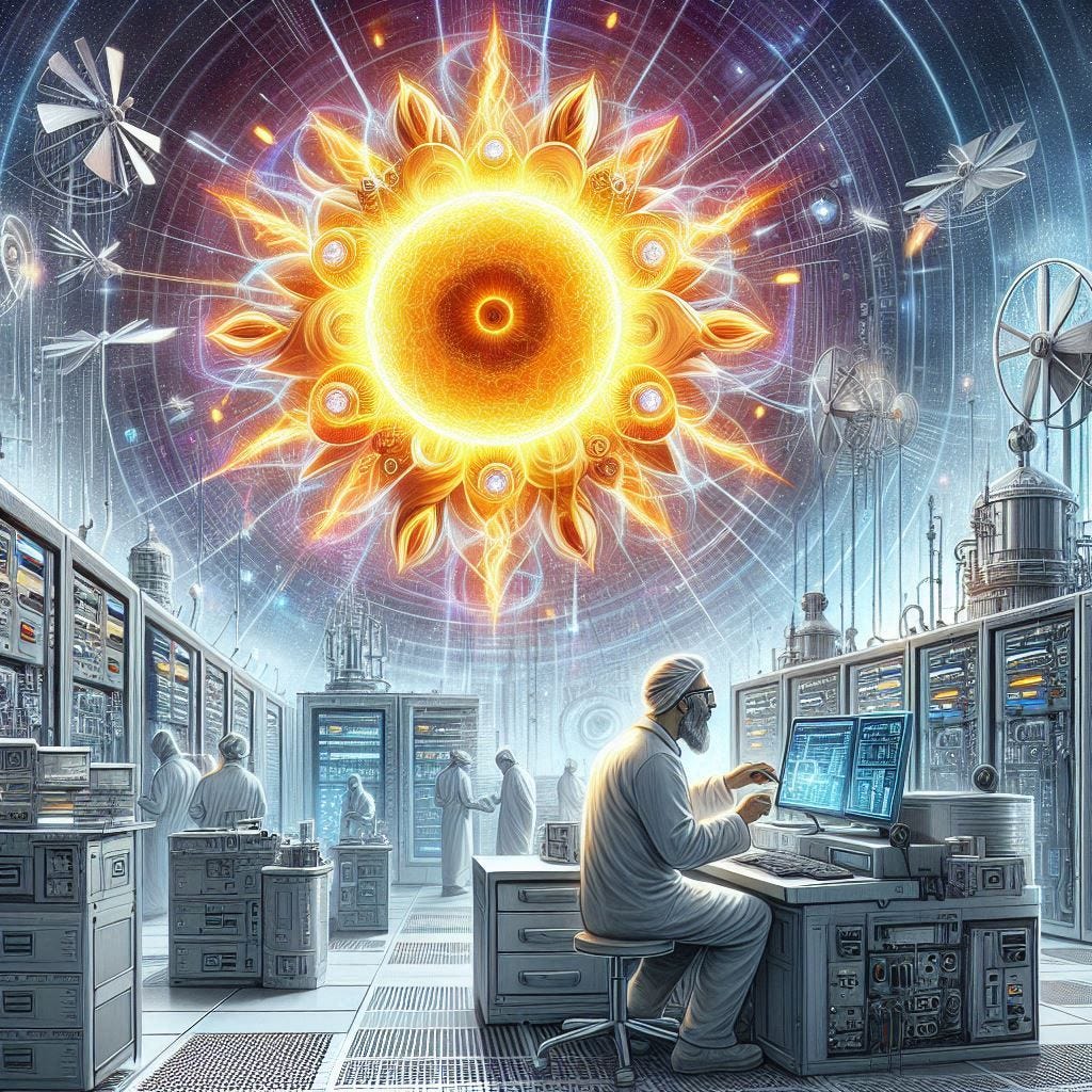 nuclear fusion sun, laboratory setting, datacenter, 40-year old male custodian, solarpunk drawing