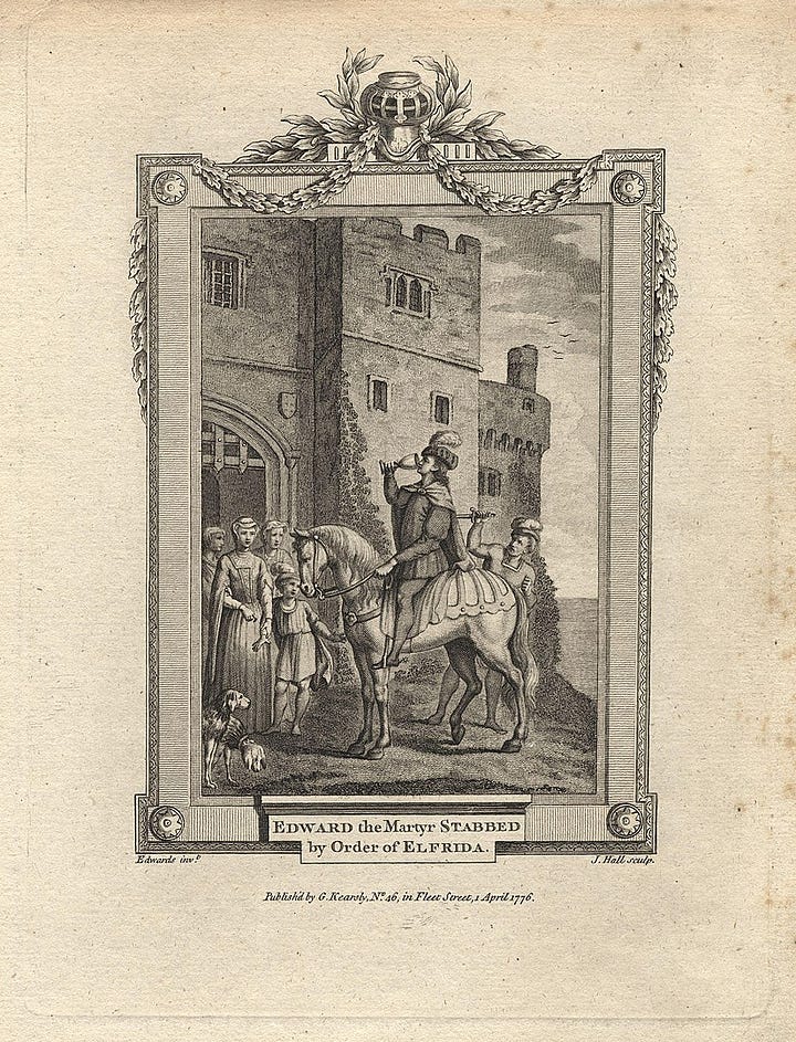 A picture of Corfe Castle Gate as it is today, and an illustration of the betrayal of Edward the Martyr