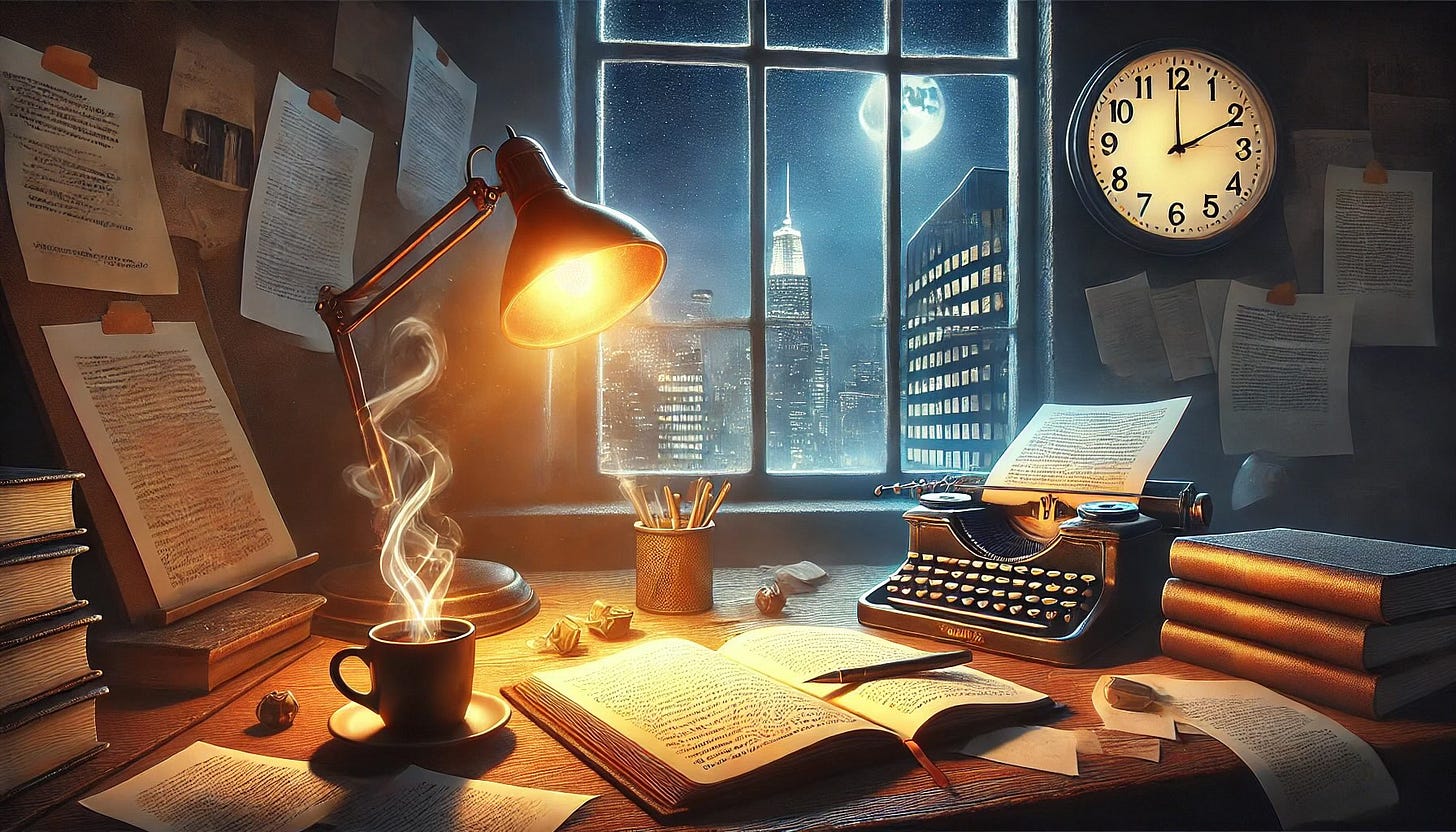 A dimly lit writer’s desk at night, illuminated by a warm desk lamp. An open notebook with handwritten notes, scattered pages, and a steaming cup of coffee create an atmosphere of deep reflection. A clock shows midnight, emphasizing the late-night struggle of creativity. Through the window, a cityscape glows softly in the background, symbolizing the world outside as the writer contemplates their journey. The scene conveys a mood of introspection, discipline, and the balance between struggle and inspiration.