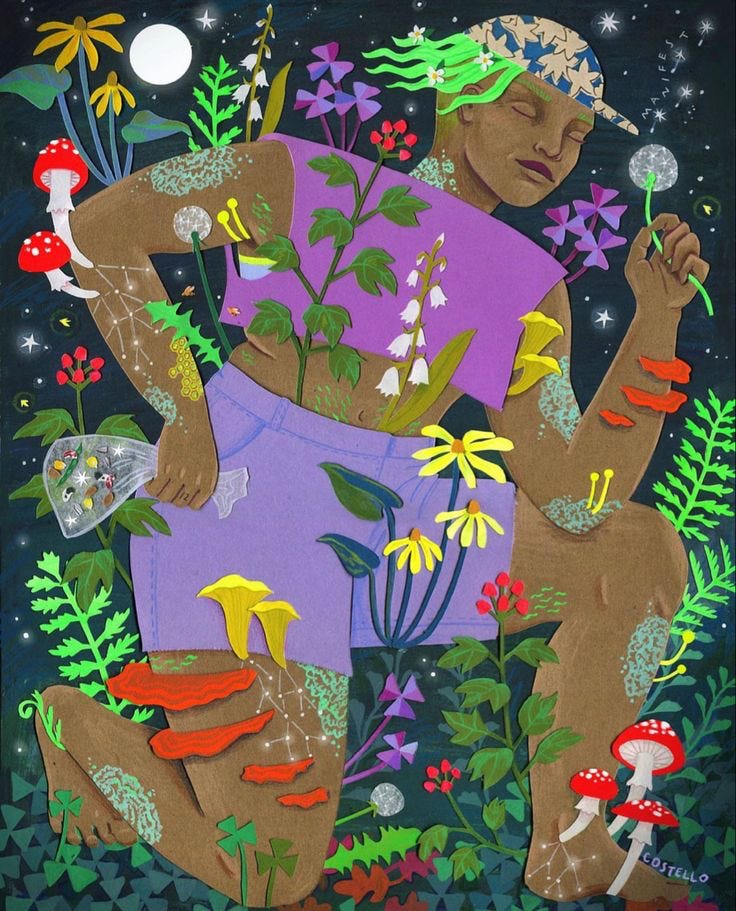 A colorful illustration of a person with brown skin down on one knee in a lush, fantastical garden at night. The figure wears purple clothing and has plants and flowers growing from their body. The background features a starry sky with a full moon. Various colorful plants, mushrooms, and flowers surround the figure, creating a whimsical and magical atmosphere. A colorful illustration of a person with brown skin down on one knee in a lush, fantastical garden at night. The figure wears purple clothing and has plants and flowers growing from their body. The background features a starry sky with a full moon. Various colorful plants, mushrooms, and flowers surround the figure, creating a whimsical and magical atmosphere.
