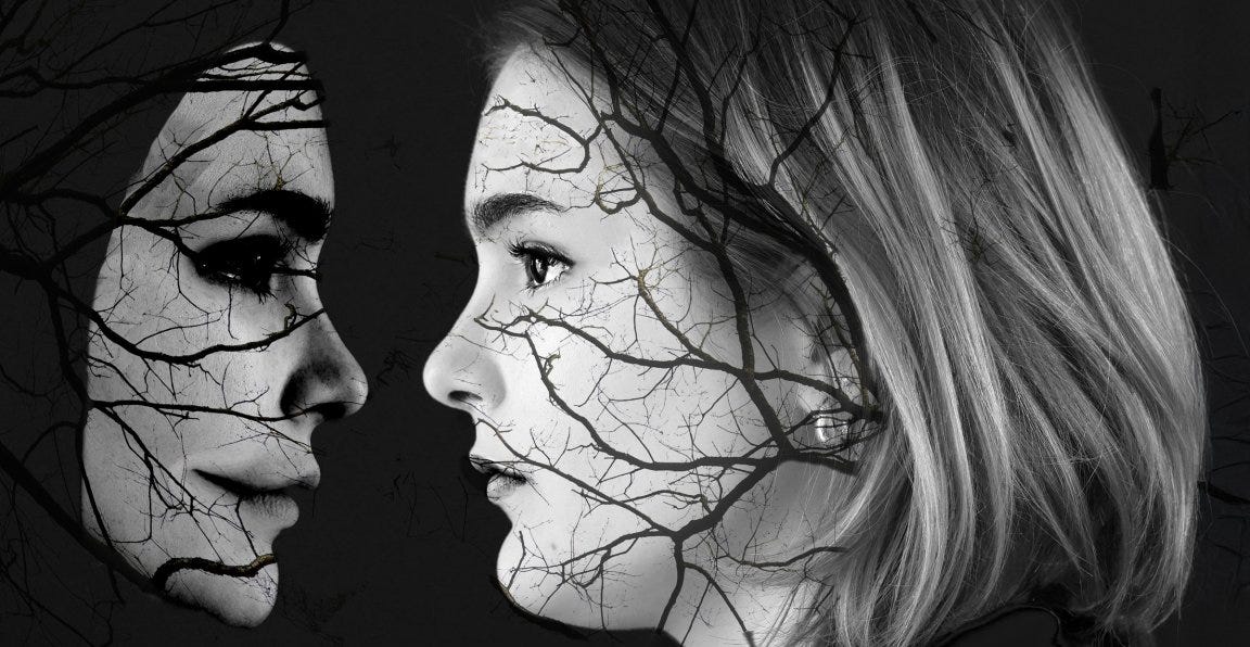 An illustration showing a woman beholding her reflection, with branch-like tendrils moving across both faces.