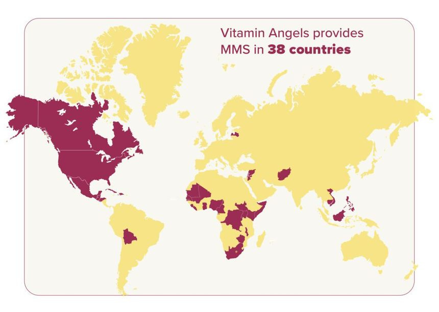Map displaying where Vitamin Angels provides MMS in 38 countries.