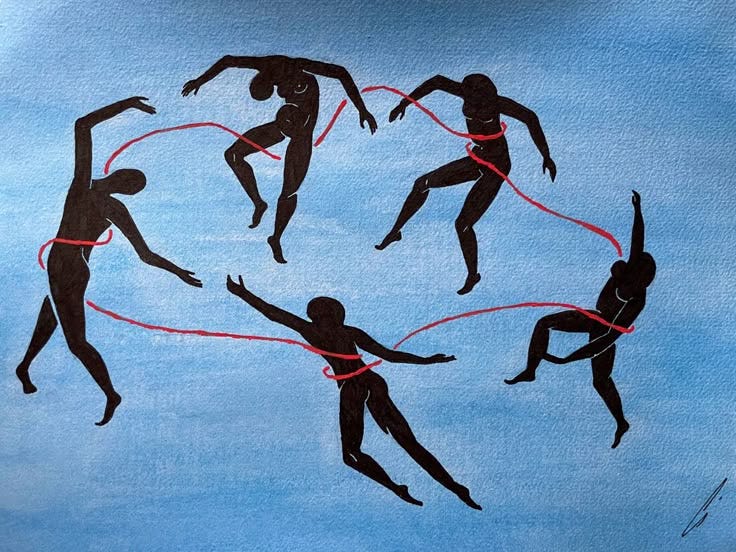 This may contain: the silhouettes of people are playing with ropes on blue paper, and one is jumping in the air