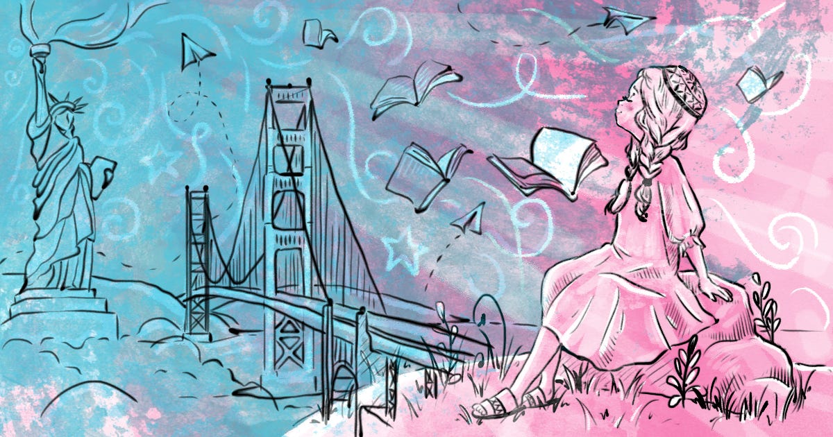 Young Turkmen girl, Golden Gate Bridge, Statue of Liberty, dreaming of education Young Turkmen girl, Golden Gate Bridge, Statue of Liberty, dreaming of education