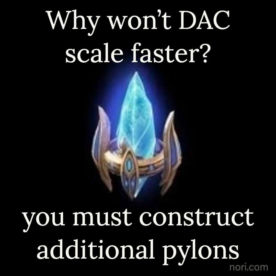 A glowing blue StarCraft pylon crystal on black, with the text "Why won't DAC scale faster? you must construct additional pylons".