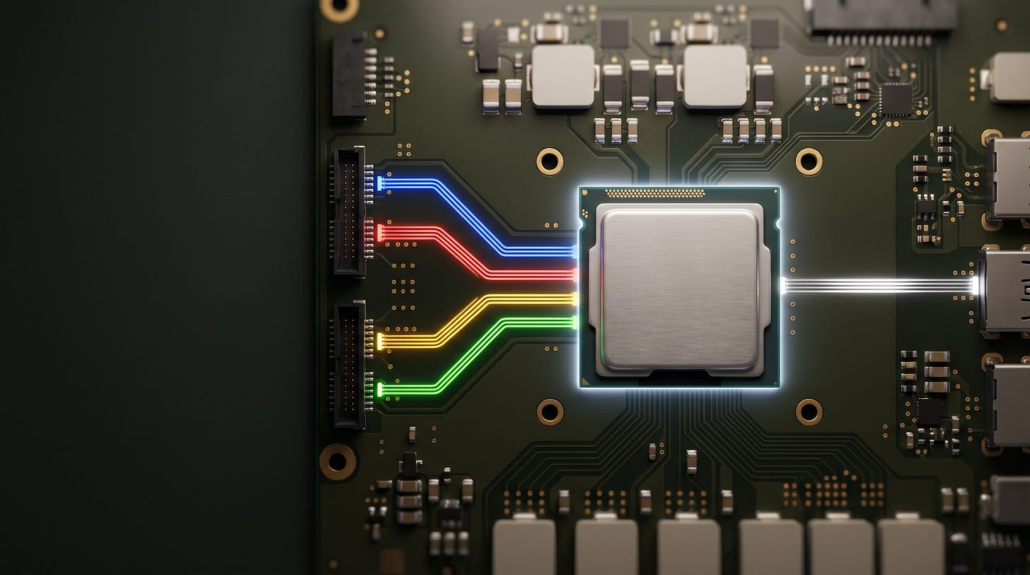 Photograph of a laptop logic board: four glowing traces in blue, red, yellow and green run into a processor with a brushed-aluminum lid, and one bright white trace leaves it on the other side. Photograph of a laptop logic board: four glowing traces in blue, red, yellow and green run into a processor with a brushed-aluminum lid, and one bright white trace leaves it on the other side.