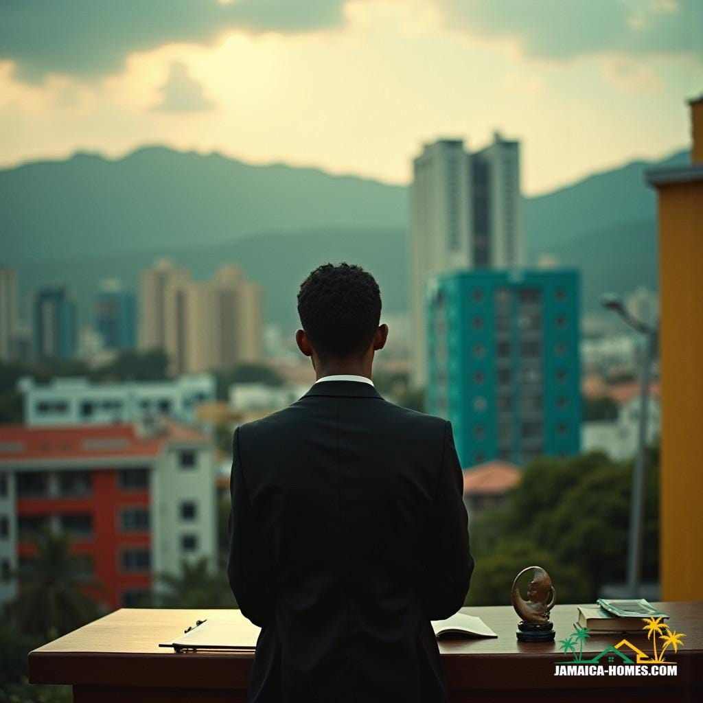 A determined foreigner, dressed in business attire, standing in front of a vibrant Jamaican cityscape, contemplating their career path, surrounded by documents and law books, a faint image of a real estate license in the background.