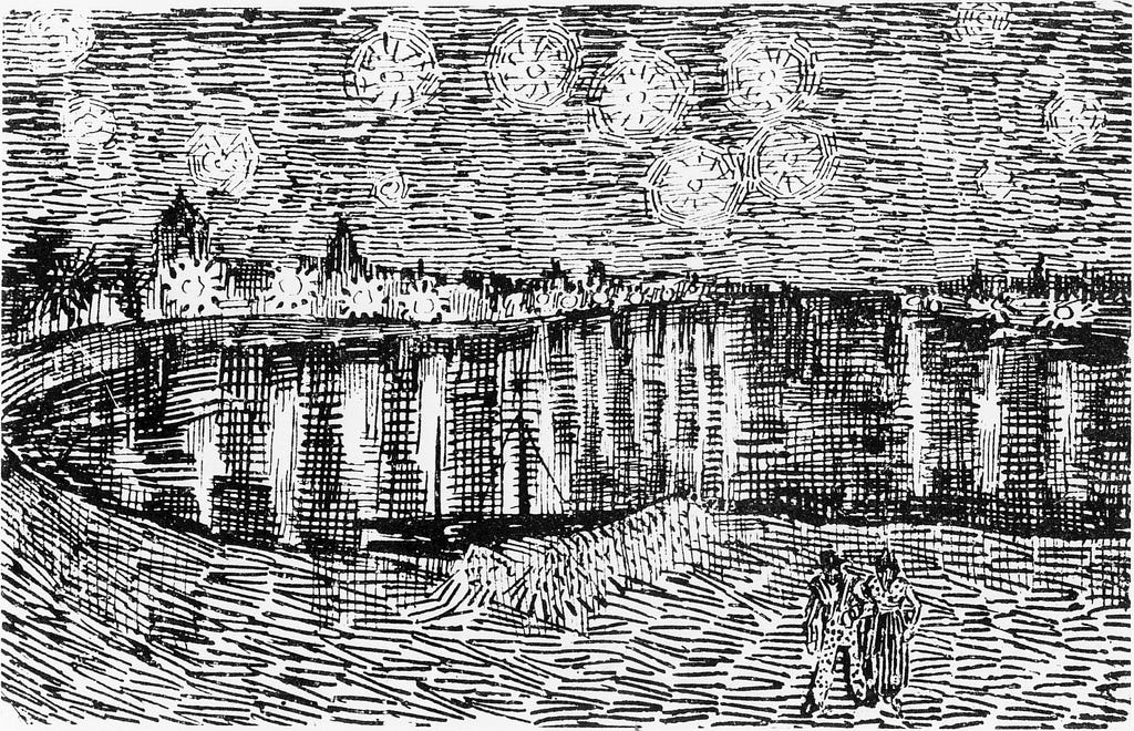 A quick pen sketch of the river at night, with the town along the far bank, rows of reflections in the water and stars above.