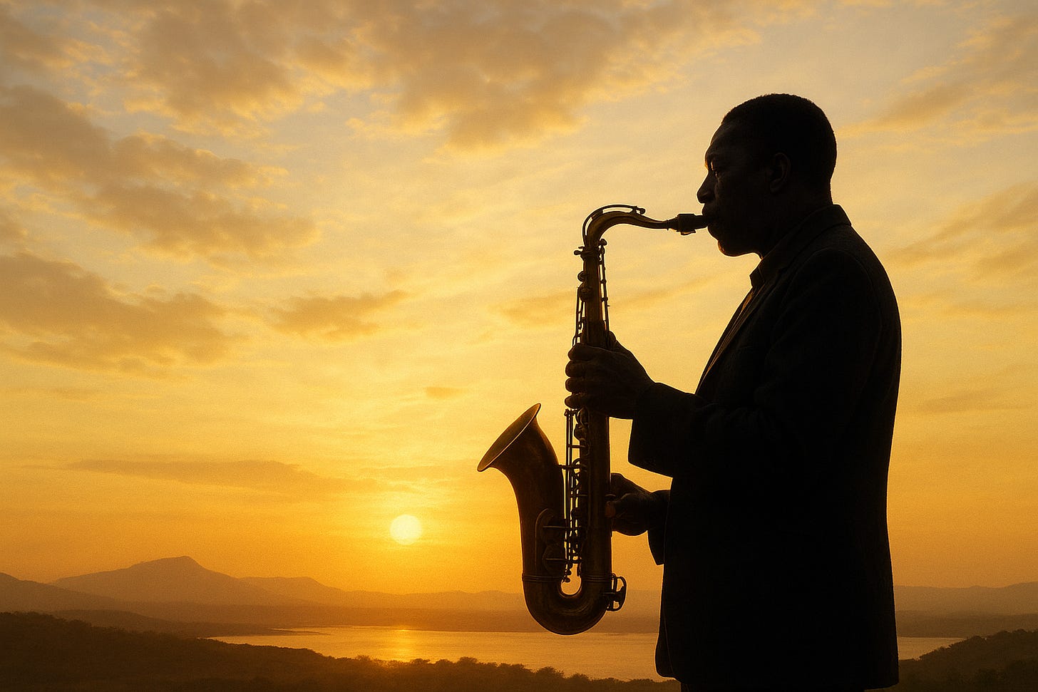 Foto: John Coltrane tocando seu saxofone ao entardecer, com o sol se pondo refletindo no lago e com destaque para Jonh, cuja silhueta está em primeiro plano.