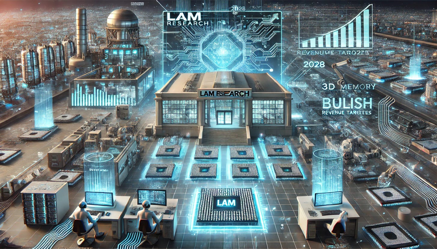 A 16:9 futuristic illustration showcasing Lam Research’s breakthroughs in 3D memory and advanced logic. The scene features a high-tech semiconductor fabrication lab with glowing Lam Research-branded etch and deposition tools working on 3D memory chips. Engineers and robotic systems monitor holographic displays showing bullish revenue targets for 2028. Data streams and circuitry extend across the environment, symbolizing market expansion. In the background, a futuristic semiconductor facility highlights the scale and impact of Lam’s latest innovations in the chip industry.