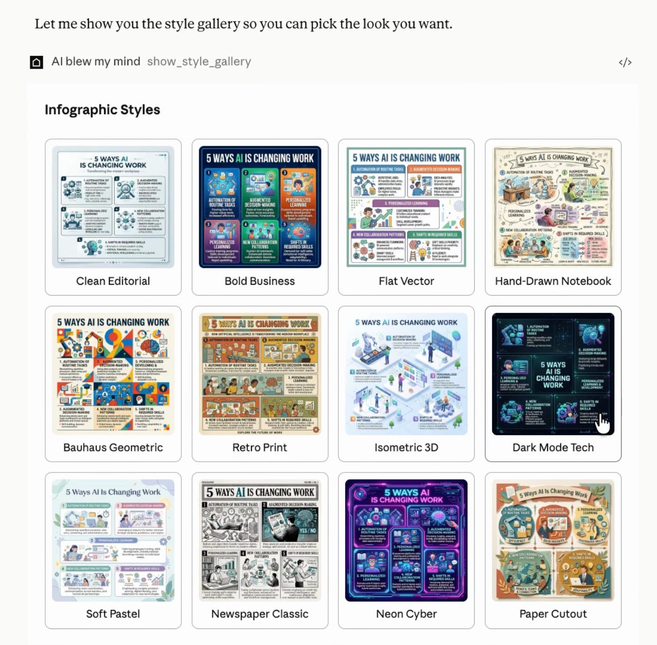 Screenshot showing an infographic style gallery with a grid of design options for selection including clean editorial bold business flat vector hand drawn notebook bauhaus geometric retro print isometric 3D dark mode tech soft pastel newspaper classic neon cyber and paper cutout styles