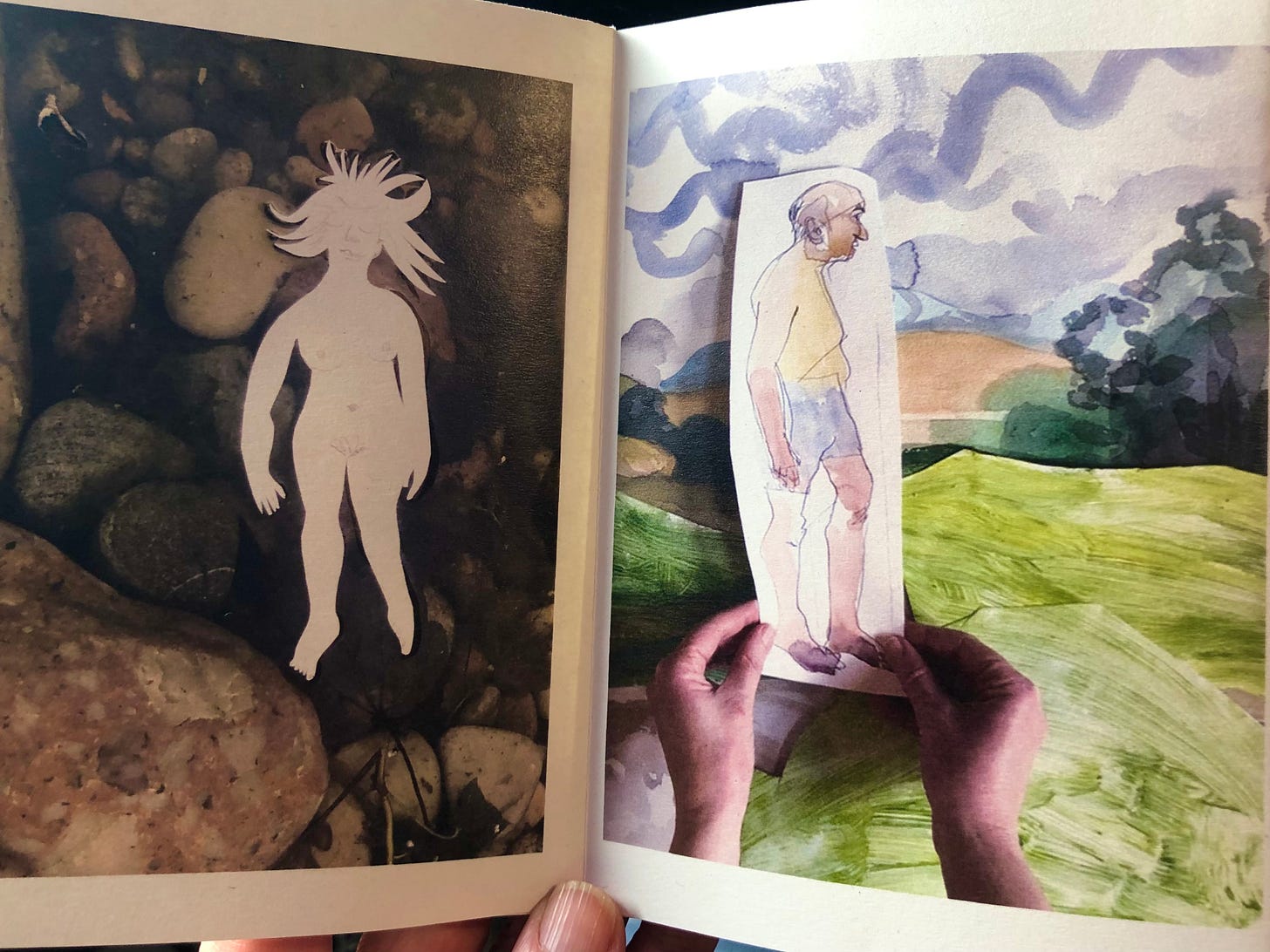 Two images from a folded paper booklet: one is a drawn paper figure photographed floating on a pond, the other shows two hands holding a drawing of a man in front of a paint and collage landscape 