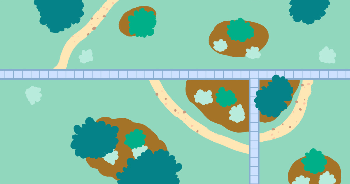 Image description: This is an illustration of a park that contains desire paths forged by humans or animals as paths most useful to get to their intended destination. Image description: This is an illustration of a park that contains desire paths forged by humans or animals as paths most useful to get to their intended destination.