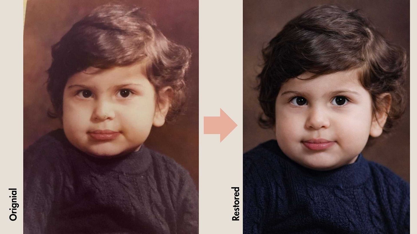Side-by-side comparison of an old, slightly faded toddler portrait and a sharper, modern-looking restored version, with the left labeled “Original” and the right labeled “Restored,” generated by the new ChatGPT Images model (GPT Image 1.5) using the “Restore old photo” option. Side-by-side comparison of an old, slightly faded toddler portrait and a sharper, modern-looking restored version, with the left labeled “Original” and the right labeled “Restored,” generated by the new ChatGPT Images model (GPT Image 1.5) using the “Restore old photo” option.