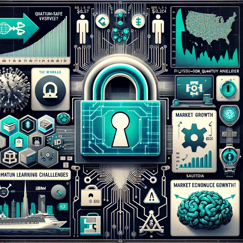 An image summarizing a tech-focused newsletter. It features a quantum-safe VPN with a padlock icon, IonQ's logo with a downward arrow to represent financial challenges, a map of Saudi Arabia with a quantum computer icon, Fujitsu's Digital Annealer logo, a machine learning model diagram with quantum computer symbols, a market growth chart showing $10.26 billion by 2034, a trapped-ion quantum computer with a machine learning diagram, the Port of Rotterdam with a quantum internet connection symbol, the World Economic Forum logo with digital currency icons, IBM's logo with various industry icons, Google's logo with a prize symbol, and Zoom's logo with a lock symbol. The background is a futuristic, tech-themed collage with elements like circuit boards and quantum symbols.