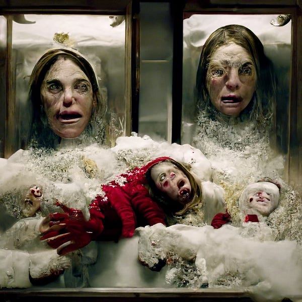 Two versions of Loab are screaming at the viewer from separate mirrors next to each other. The bottom half of the picture is filled with a cloud-like fluffy substance that also contains what appears to be a red-gloved hand and arm in a red coat, and a screaming baby's head.