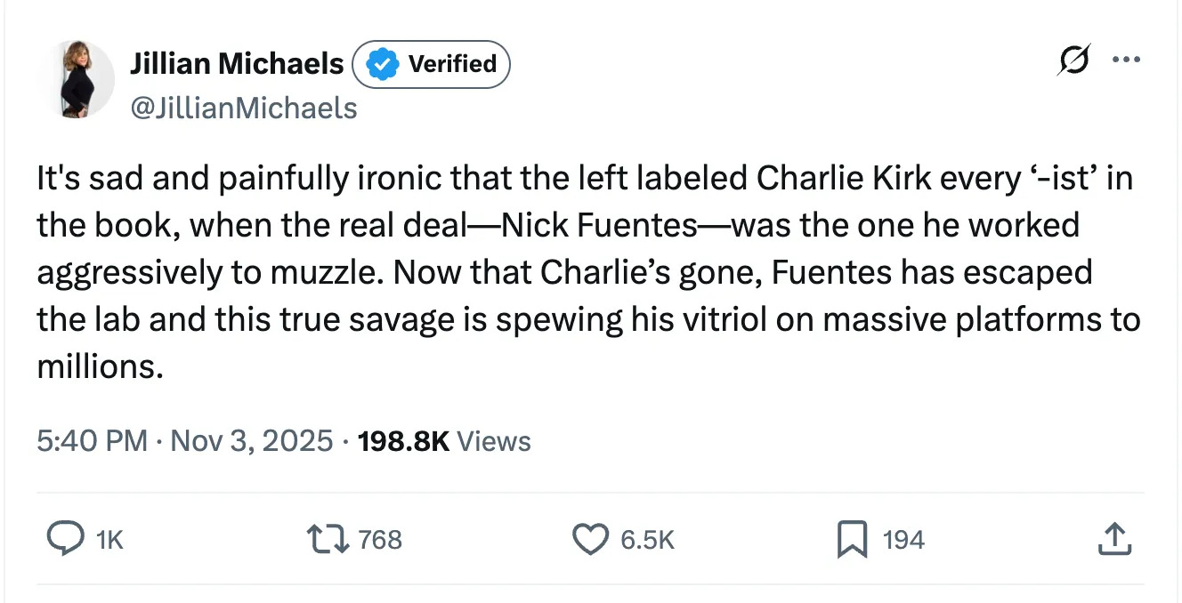 It's sad and painfully ironic that the left labeled Charlie Kirk every '-ist' in the book, when the real deal—Nick Fuentes—was the one he worked aggressively to muzzle. Now that Charlie's gone, Fuentes has escaped the lab and this true savage is spewing his vitriol on massive platforms to millions