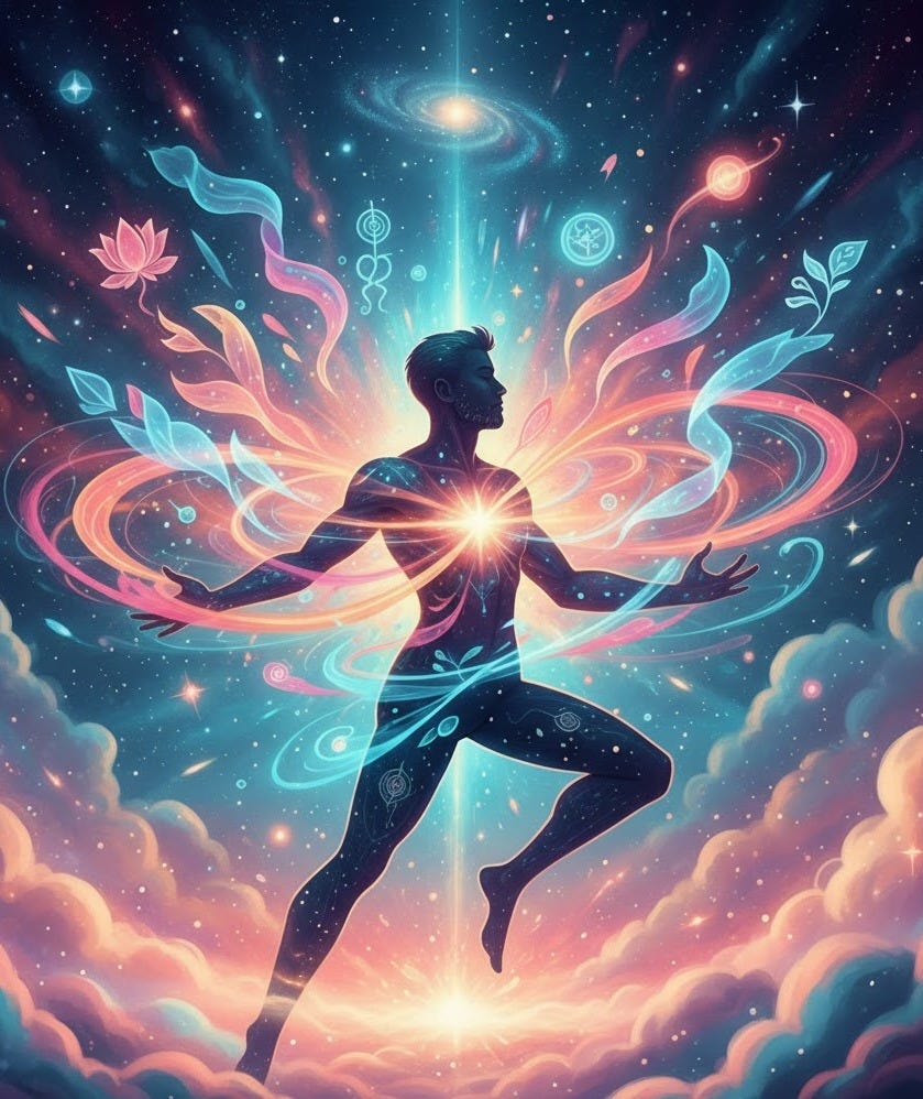 figure, rendered in dark tones, stands in a dynamic pose with one leg bent and arms extended outwards, against a vibrant cosmic background of swirling nebulae in blues, pinks, and purples, speckled with stars. A bright light emanates from the figure's chest, radiating outward in glowing, ribbon-like streams of pink, orange, and blue energy that flow around the figure like wings or a halo. These energy streams are adorned with subtle mystical symbols, leaves, and a lotus flower. Above the figure's head, a strong beam of light extends upward towards a distant galaxy. The entire scene suggests a sense of energetic creation, intuitive partnership, and abundance flowing from a place of presence.