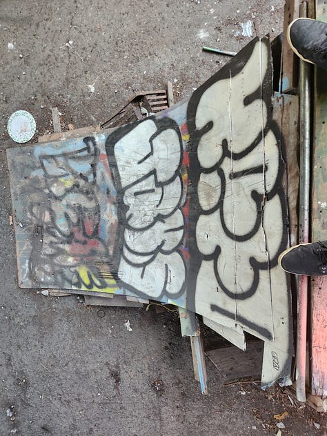 Graffiti covers skate ramps, old buildings and an underpass.